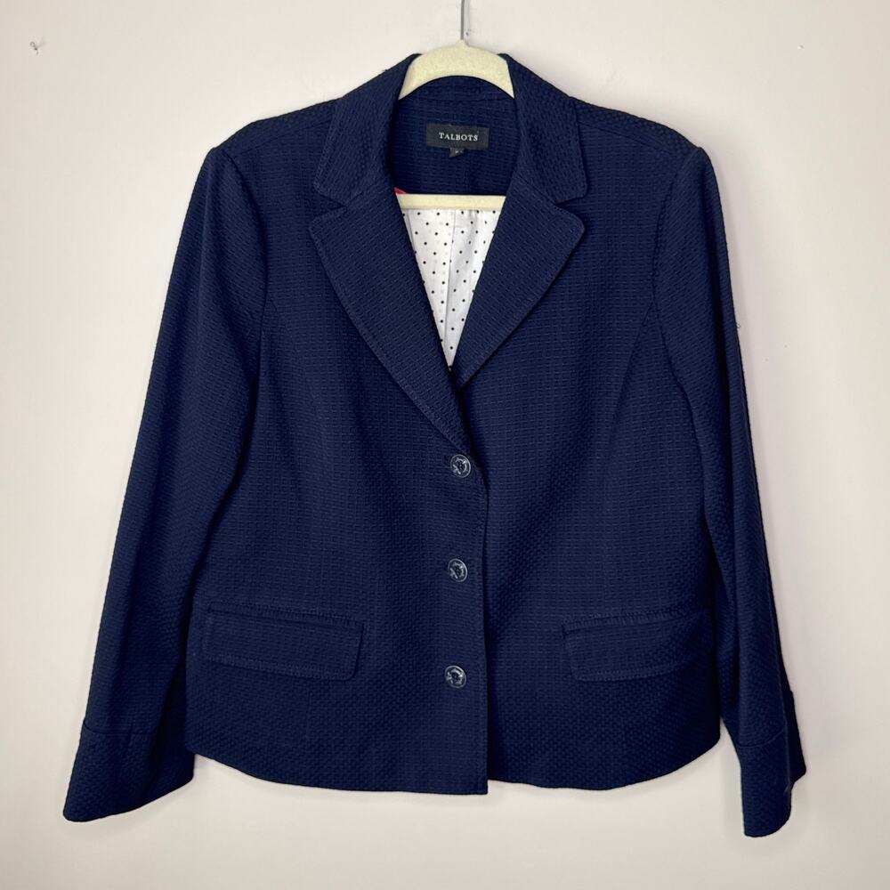 Talbots Size 16 Navy Pique‎ Blazer Contrast Polka Dot Lining Nautical Buttons